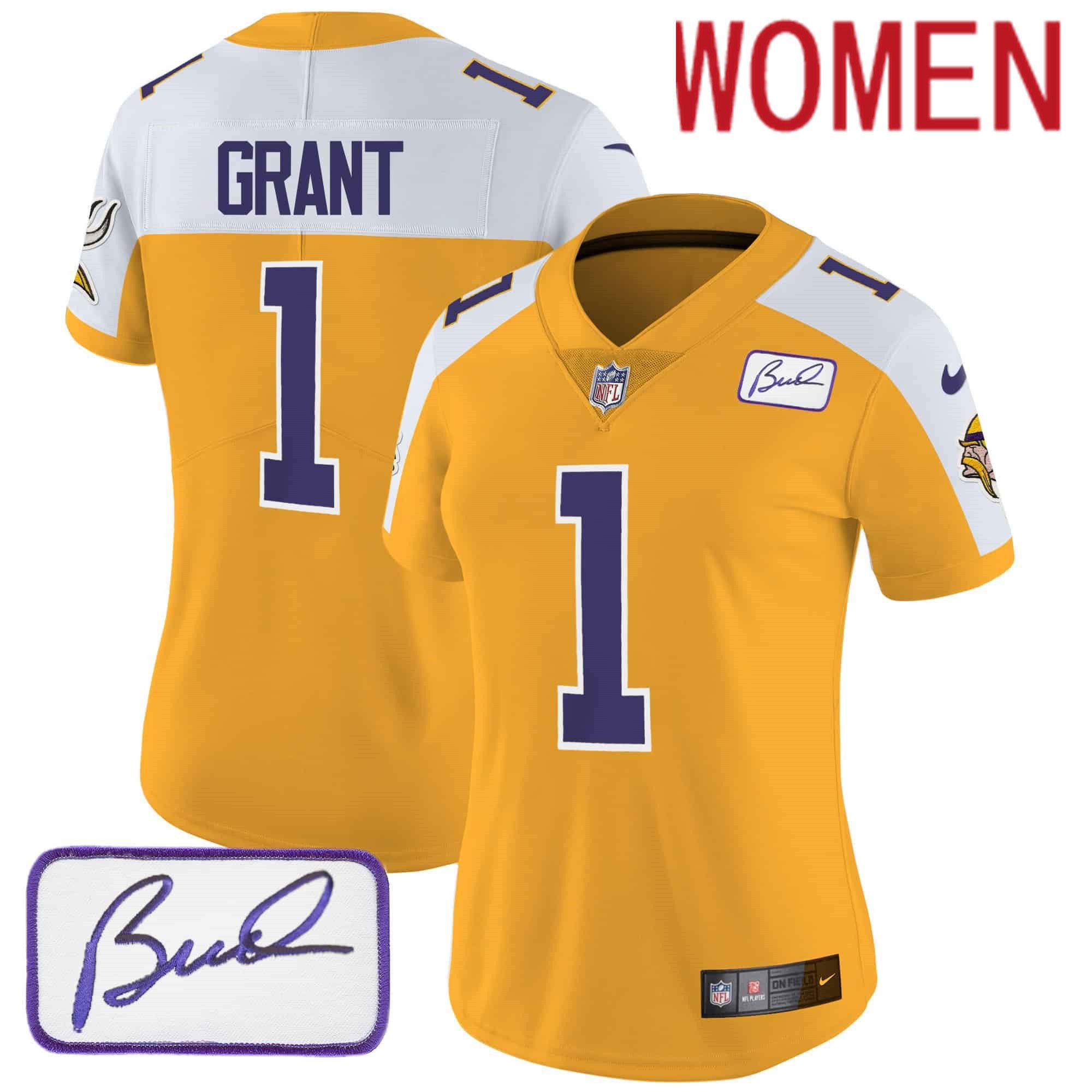 Women Minnesota Vikings #1 Grant Yellow 2024 Nike Bud Grant Patch Classic Limited NFL Jersey style 2
